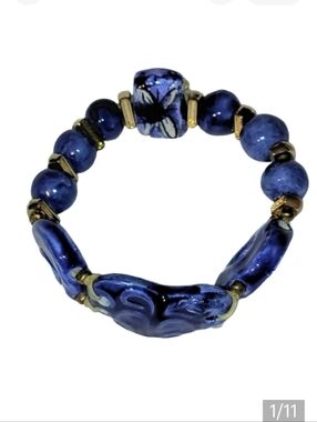 Hand Crafted Blue Ceramic And Gold Bead Heart Bracelet For Small Hands/Wrists